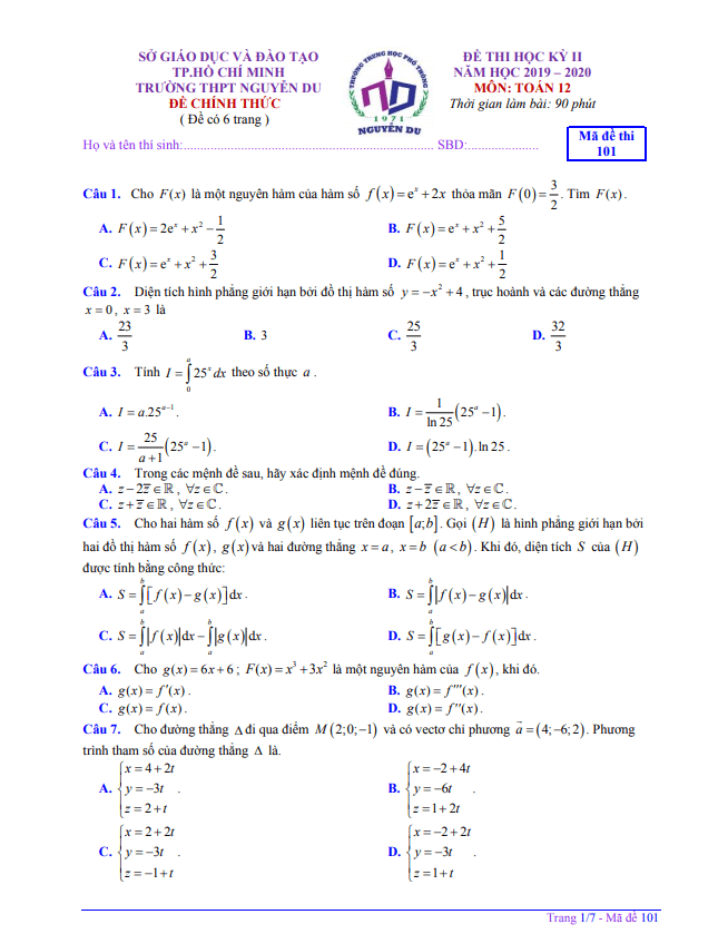 Đề thi học kì 2 (HK2) lớp 12 môn Toán năm 2019 2020 trường THPT Nguyễn Du TP HCM