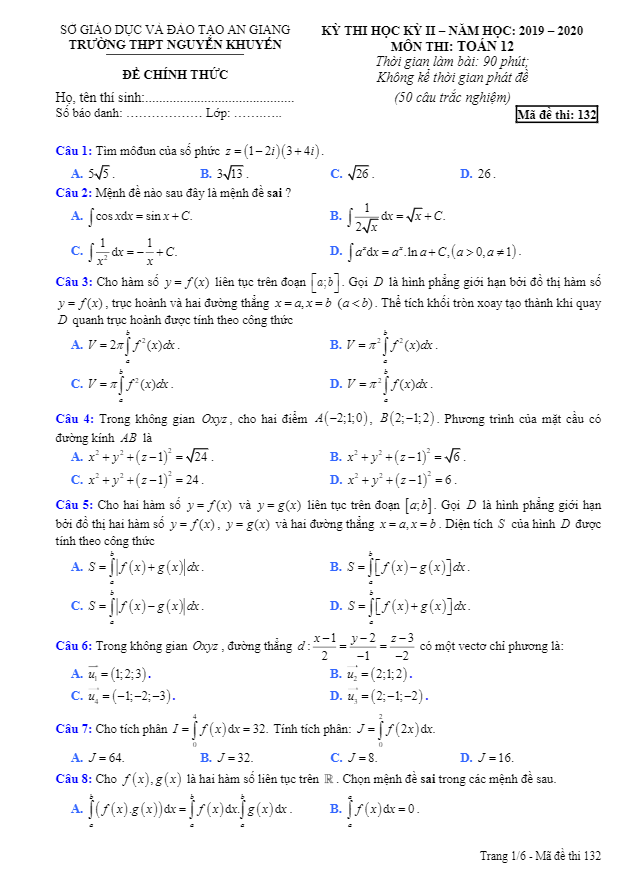Đề thi học kì 2 (HK2) lớp 12 môn Toán năm 2019 2020 trường THPT Nguyễn Khuyến An Giang