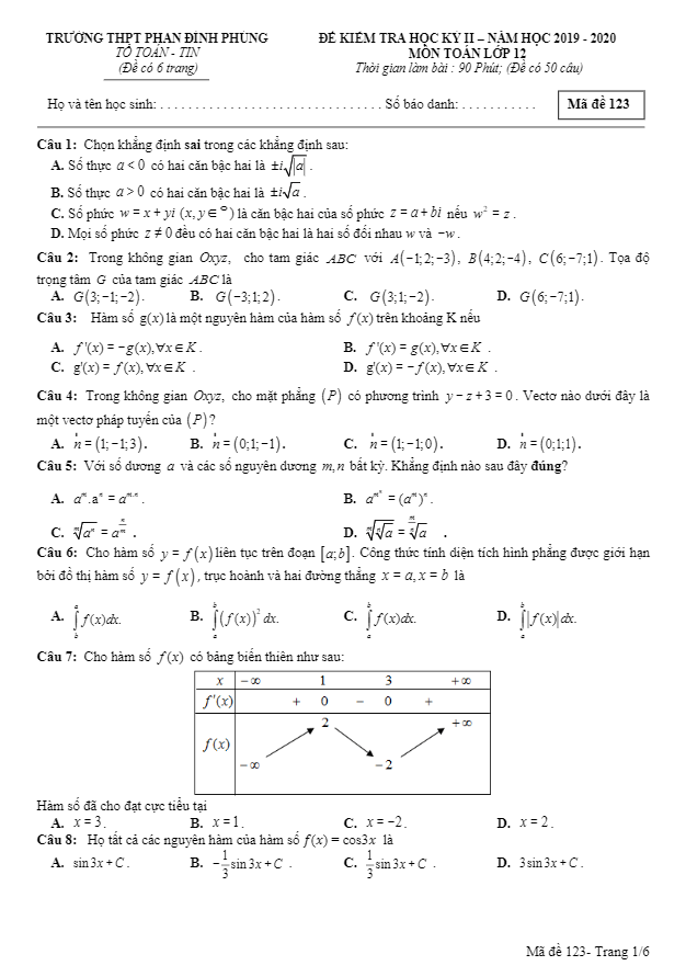 Đề thi học kì 2 (HK2) lớp 12 môn Toán năm 2019 2020 trường THPT Phan Đình Phùng Hà Nội