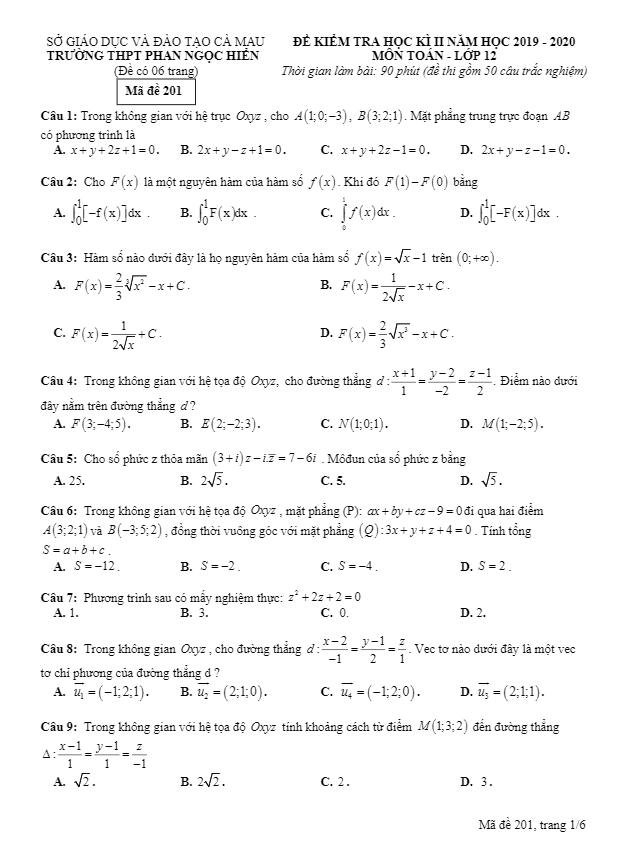 Đề thi học kì 2 (HK2) lớp 12 môn Toán năm 2019 2020 trường THPT Phan Ngọc Hiển Cà Mau