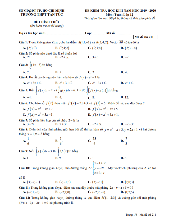 Đề thi học kì 2 (HK2) lớp 12 môn Toán năm 2019 2020 trường THPT Tân Túc TP HCM
