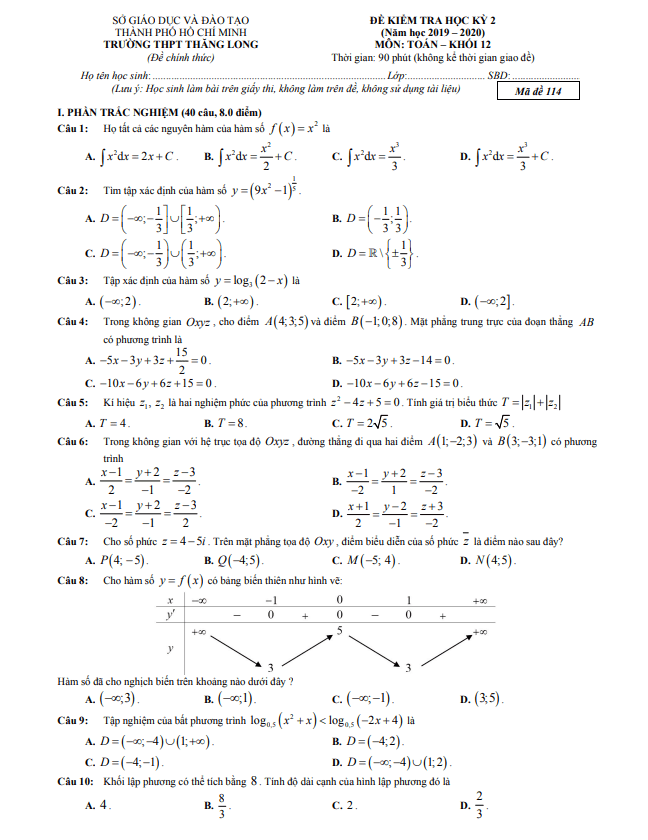 Đề thi học kì 2 (HK2) lớp 12 môn Toán năm 2019 2020 trường THPT Thăng Long TP HCM
