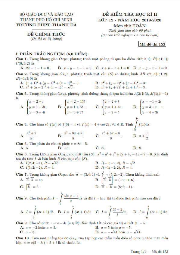 Đề thi học kì 2 (HK2) lớp 12 môn Toán năm 2019 2020 trường THPT Thanh Đa TP HCM