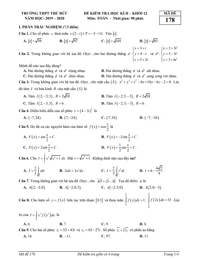 Đề thi học kì 2 (HK2) lớp 12 môn Toán năm 2019 2020 trường THPT Thủ Đức TP HCM