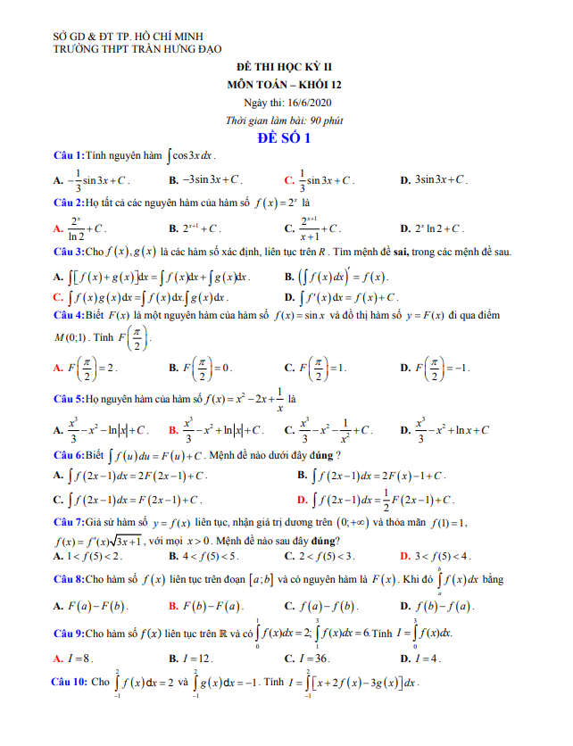 Đề thi học kì 2 (HK2) lớp 12 môn Toán năm 2019 2020 trường THPT Trần Hưng Đạo TP HCM