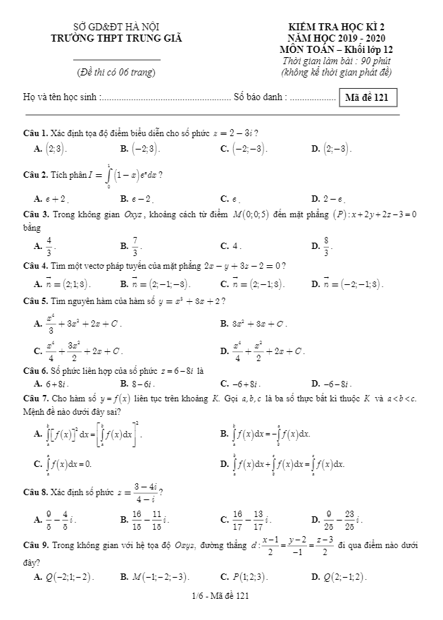 Đề thi học kì 2 (HK2) lớp 12 môn Toán năm 2019 2020 trường THPT Trung Giã Hà Nội