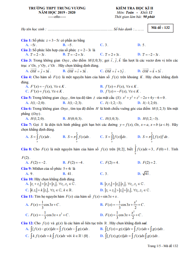 Đề thi học kì 2 (HK2) lớp 12 môn Toán năm 2019 2020 trường THPT Trưng Vương TP HCM