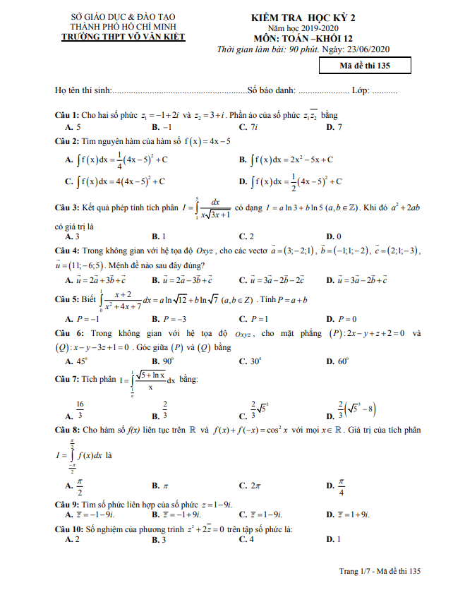 Đề thi học kì 2 (HK2) lớp 12 môn Toán năm 2019 2020 trường THPT Võ Văn Kiệt TP HCM
