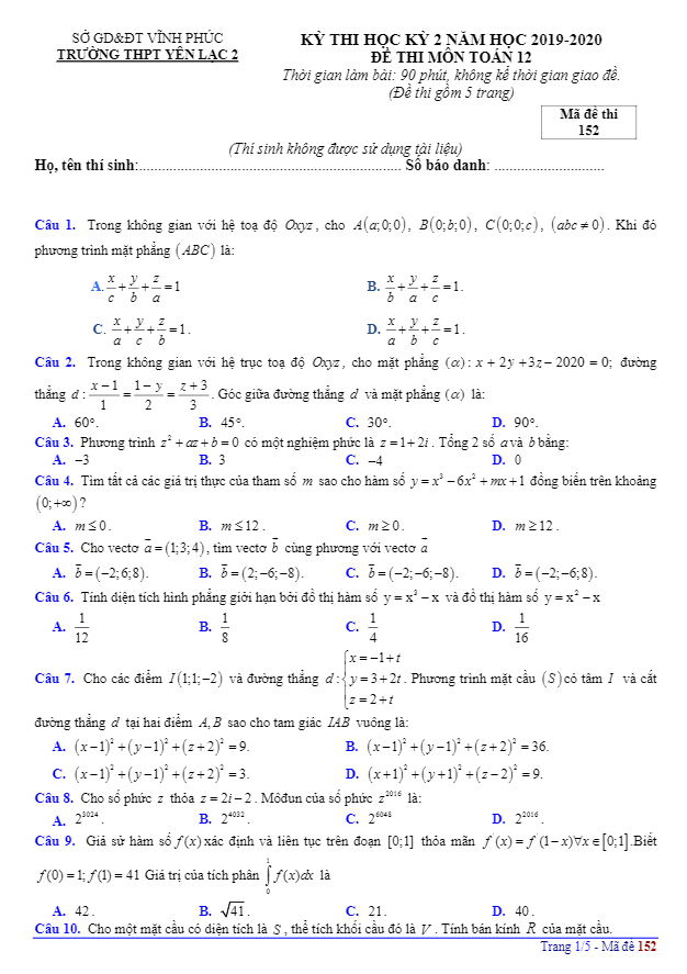 Đề thi học kì 2 (HK2) lớp 12 môn Toán năm 2019 2020 trường THPT Yên Lạc 2 Vĩnh Phúc