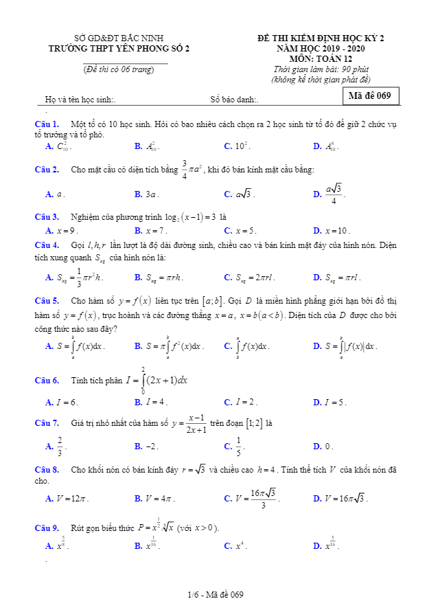Đề thi học kì 2 (HK2) lớp 12 môn Toán năm 2019 2020 trường THPT Yên Phong 2 Bắc Ninh
