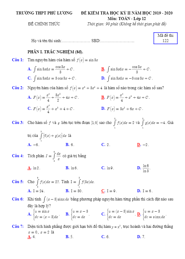 Đề thi học kì 2 (HK2) lớp 12 môn Toán năm 2019 – 2020 trường THPT Phú Lương – Thái Nguyên