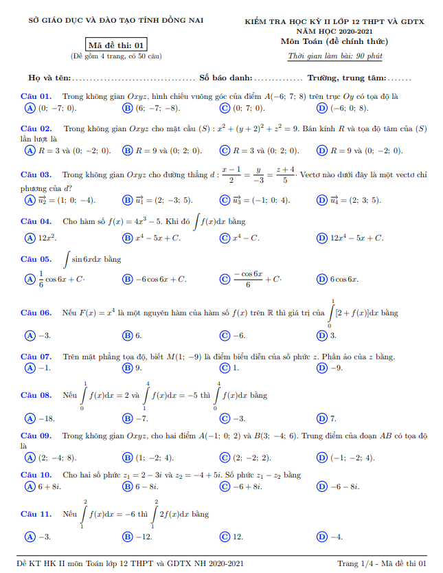 Đề thi học kì 2 (HK2) lớp 12 môn Toán năm 2020 2021 sở GD ĐT tỉnh Đồng Nai