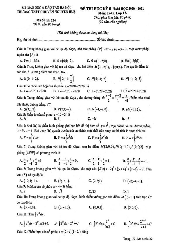 Đề thi học kì 2 (HK2) lớp 12 môn Toán năm 2020 2021 trường chuyên Nguyễn Huệ Hà Nội
