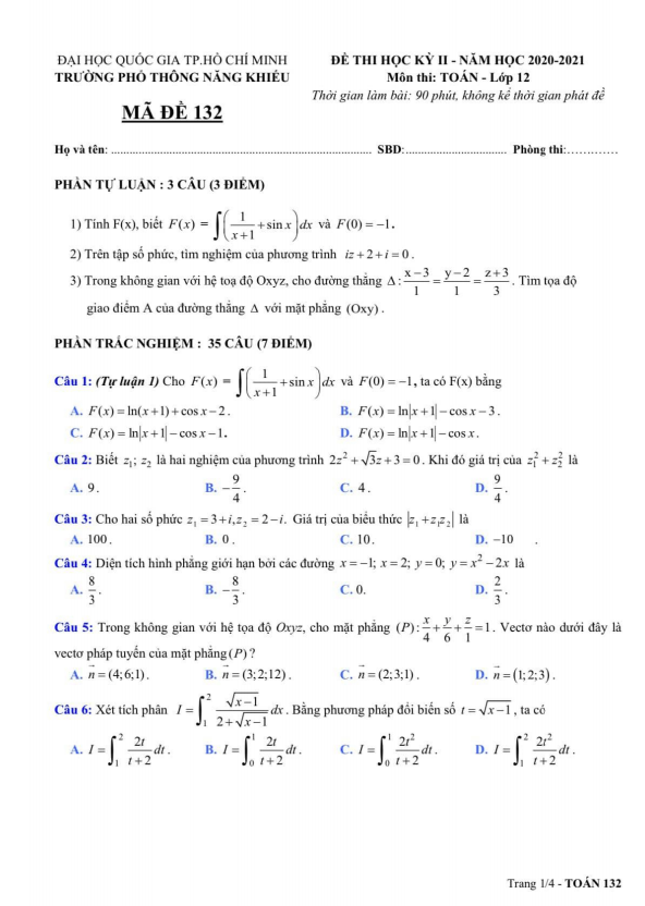 Đề thi học kì 2 (HK2) lớp 12 môn Toán năm 2020 2021 trường Phổ thông Năng khiếu TP HCM