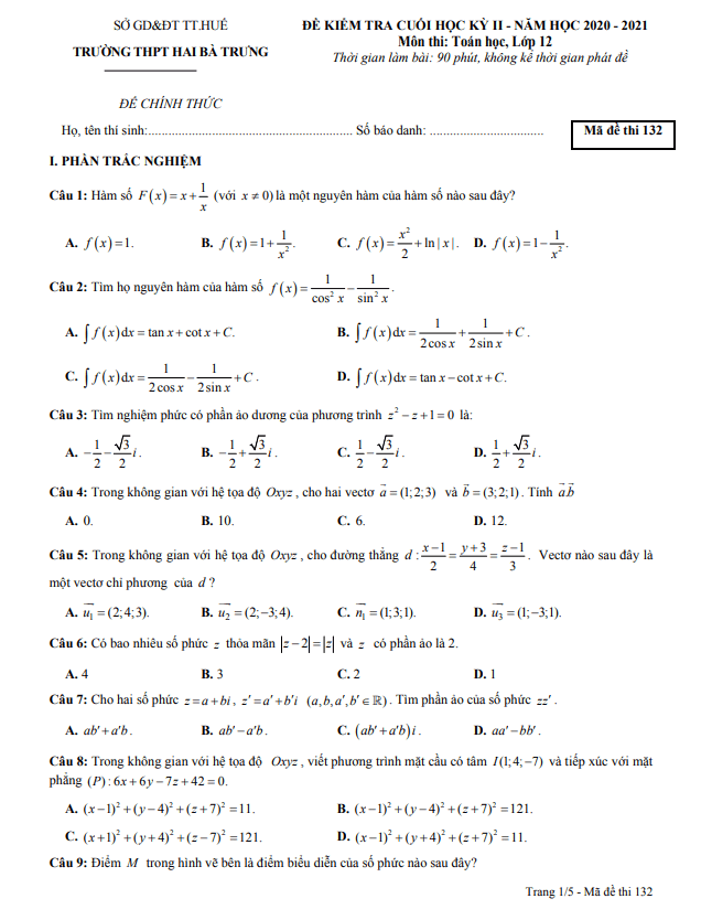 Đề thi học kì 2 (HK2) lớp 12 môn Toán năm 2020 2021 trường THPT Hai Bà Trưng TT Huế