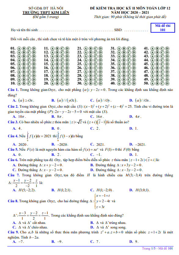 Đề thi học kì 2 (HK2) lớp 12 môn Toán năm 2020 2021 trường THPT Kim Liên Hà Nội