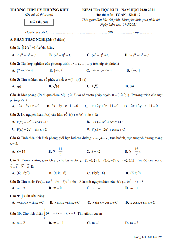 Đề thi học kì 2 (HK2) lớp 12 môn Toán năm 2020 2021 trường THPT Lý Thường Kiệt TP HCM