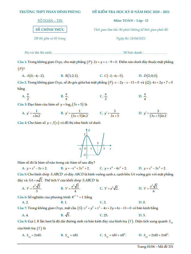 Đề thi học kì 2 (HK2) lớp 12 môn Toán năm 2020 2021 trường THPT Phan Đình Phùng Hà Nội