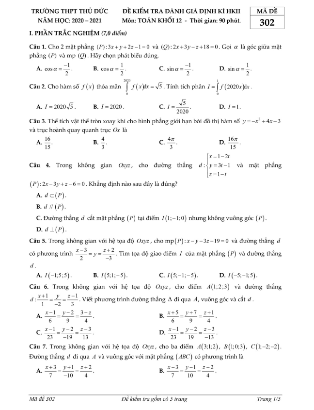 Đề thi học kì 2 (HK2) lớp 12 môn Toán năm 2020 2021 trường THPT Thủ Đức TP Hồ Chí Minh