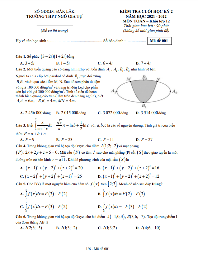 Đề thi học kì 2 (HK2) lớp 12 môn Toán năm 2021 2022 trường THPT Ngô Gia Tự Đắk Lắk