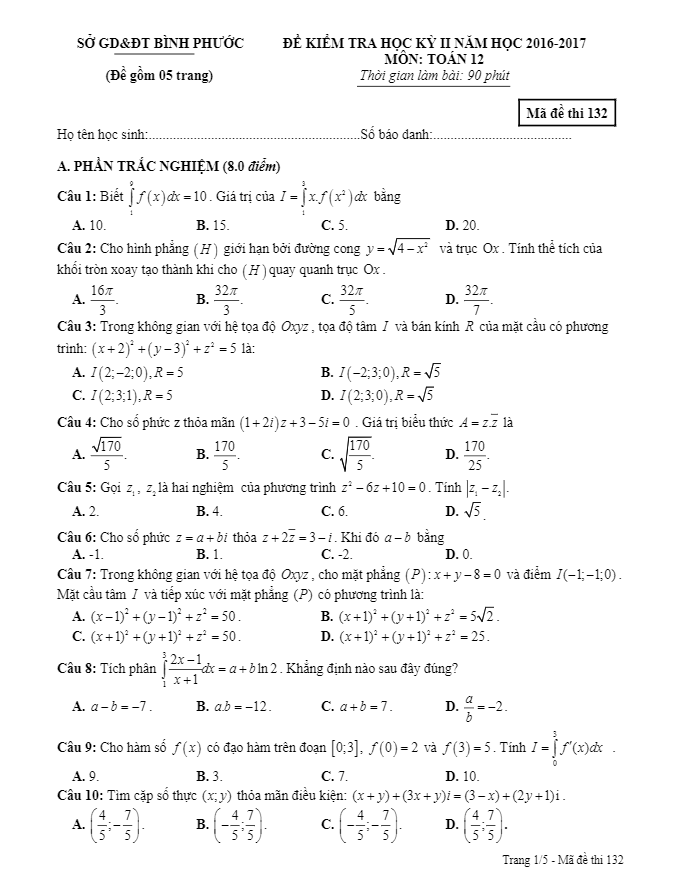 Đề thi học kì 2 (HK2) lớp 12 môn Toán năm học 2016 2017 sở GD và ĐT Bình Phước