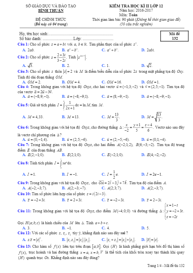 Đề thi học kì 2 (HK2) lớp 12 môn Toán năm học 2016 2017 sở GD và ĐT Bình Thuận