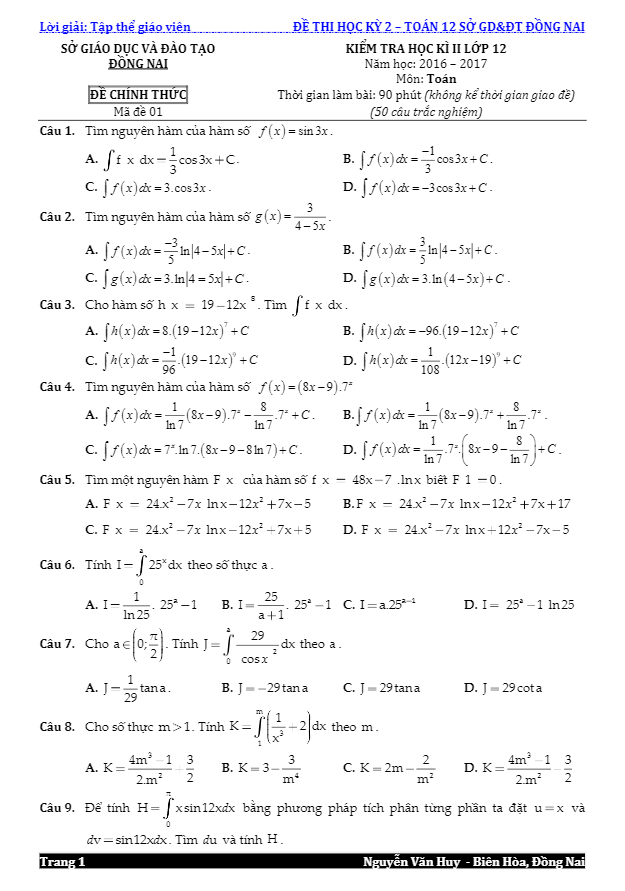 Đề thi học kì 2 (HK2) lớp 12 môn Toán năm học 2016 2017 sở GD và ĐT Đồng Nai