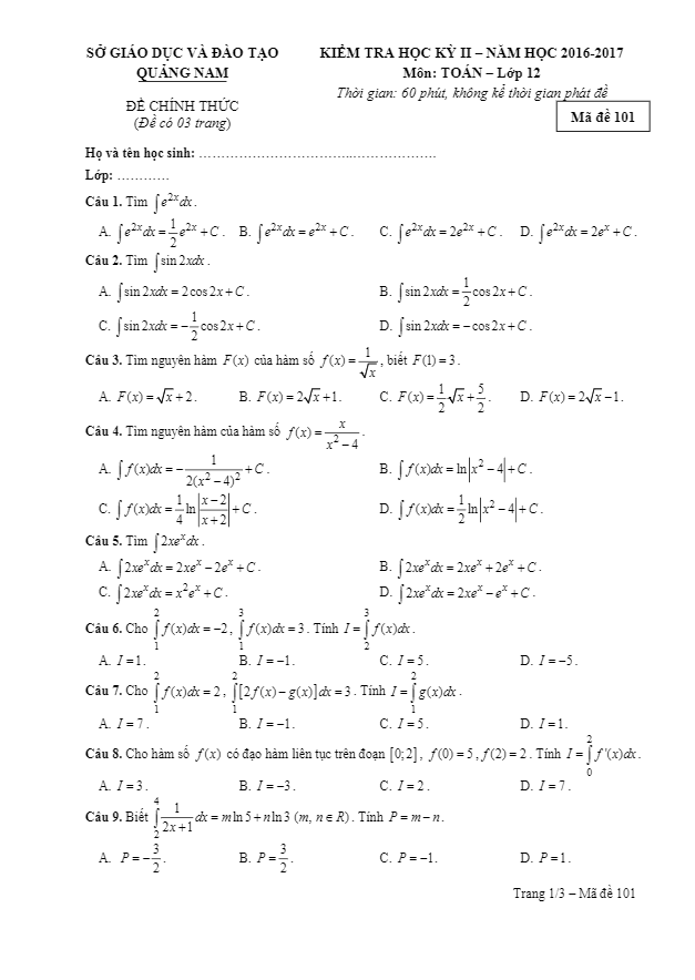 Đề thi học kì 2 (HK2) lớp 12 môn Toán năm học 2016 2017 sở GD và ĐT Quảng Nam