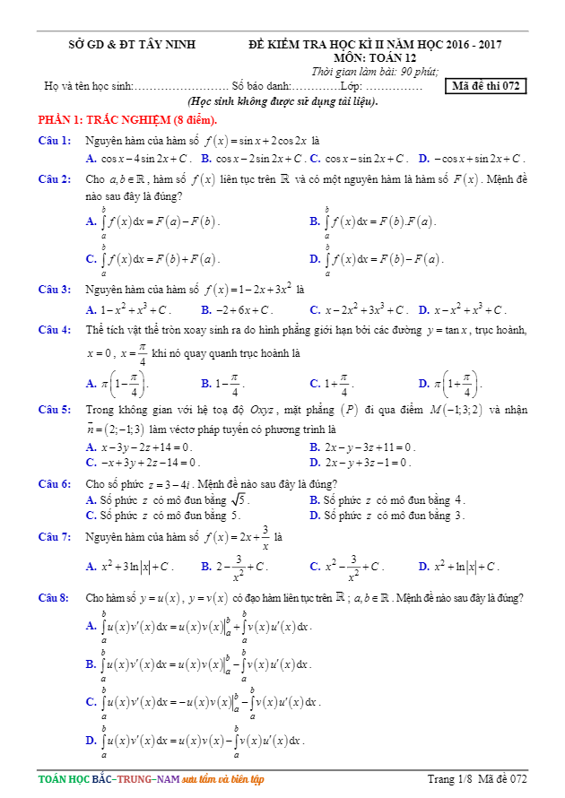 Đề thi học kì 2 (HK2) lớp 12 môn Toán năm học 2016 2017 sở GD và ĐT Tây Ninh