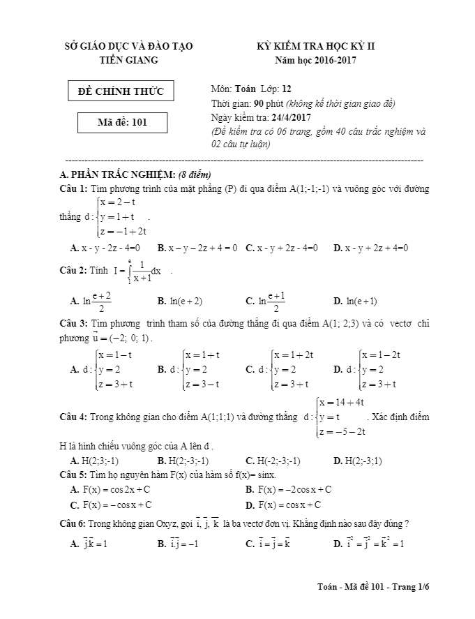 Đề thi học kì 2 (HK2) lớp 12 môn Toán năm học 2016 2017 sở GD và ĐT Tiền Giang