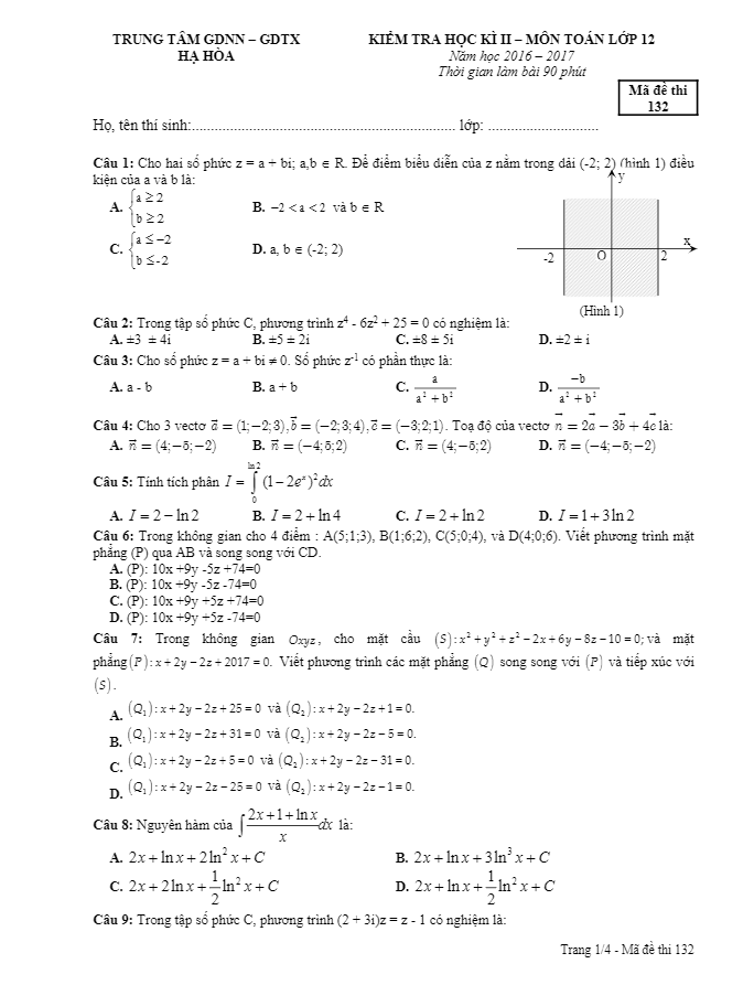 Đề thi học kì 2 (HK2) lớp 12 môn Toán năm học 2016 2017 trung tâm GDNN GDTX Hạ Hòa