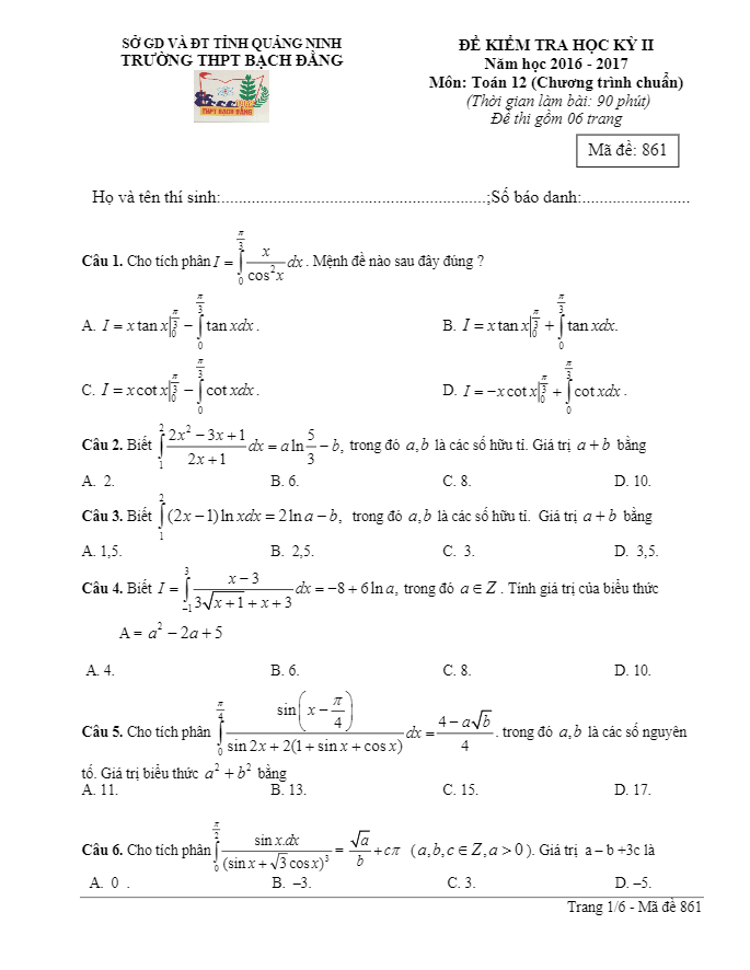 Đề thi học kì 2 (HK2) lớp 12 môn Toán năm học 2016 2017 trường THPT Bạch Đằng Quảng Ninh