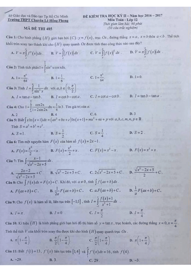 Đề thi học kì 2 (HK2) lớp 12 môn Toán năm học 2016 2017 trường THPT chuyên Lê Hồng Phong TP. HCM