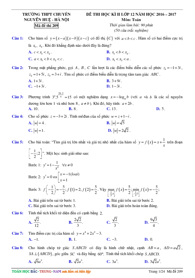 Đề thi học kì 2 (HK2) lớp 12 môn Toán năm học 2016 2017 trường THPT chuyên Nguyễn Huệ Hà Nội