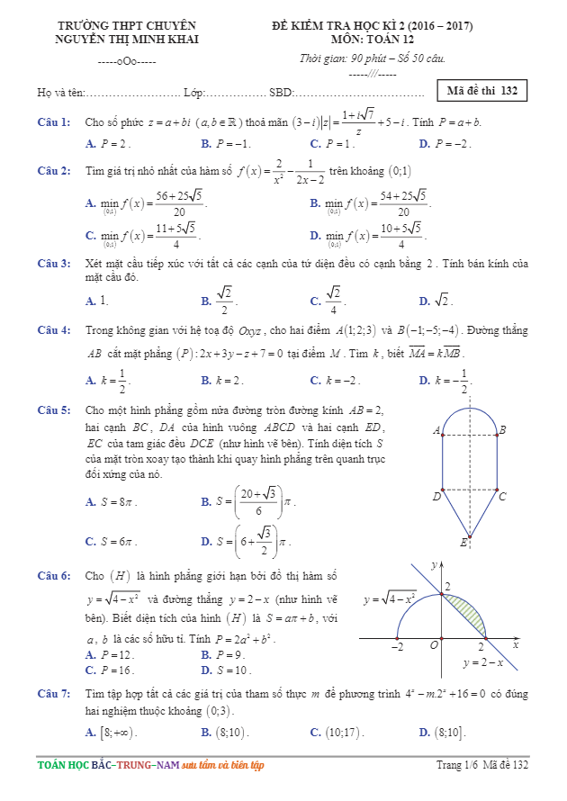 Đề thi học kì 2 (HK2) lớp 12 môn Toán năm học 2016 2017 trường THPT chuyên Nguyễn Thị Minh Khai Sóc Trăng