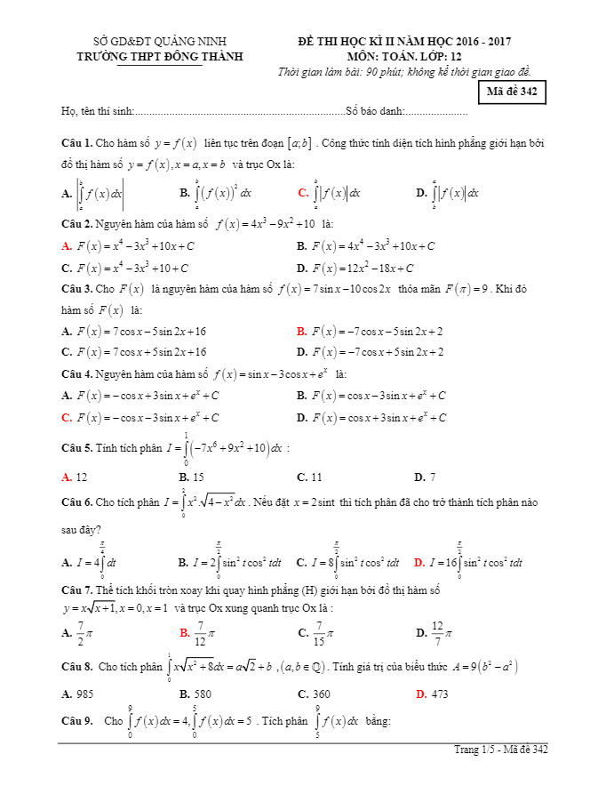 Đề thi học kì 2 (HK2) lớp 12 môn Toán năm học 2016 2017 trường THPT Đông Thành Quảng Ninh