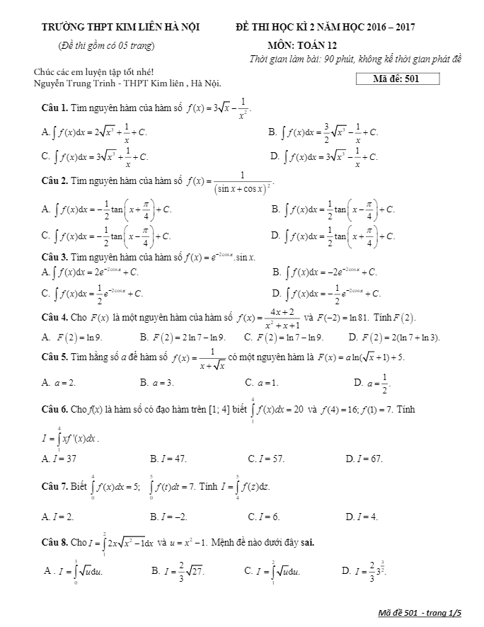 Đề thi học kì 2 (HK2) lớp 12 môn Toán năm học 2016 2017 trường THPT Kim Liên Hà Nội