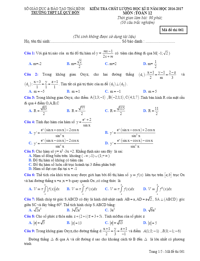Đề thi học kì 2 (HK2) lớp 12 môn Toán năm học 2016 2017 trường THPT Lê Quý Đôn Thái Bình