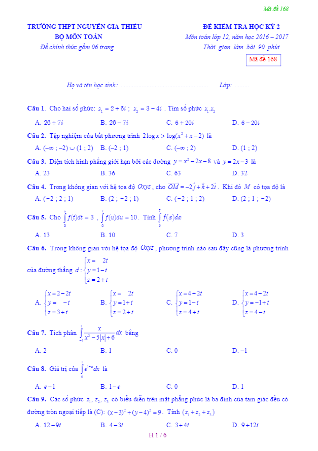 Đề thi học kì 2 (HK2) lớp 12 môn Toán năm học 2016 2017 trường THPT Nguyễn Gia Thiều Hà Nội