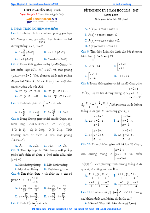 Đề thi học kì 2 (HK2) lớp 12 môn Toán năm học 2016 2017 trường THPT Nguyễn Huệ TT. Huế