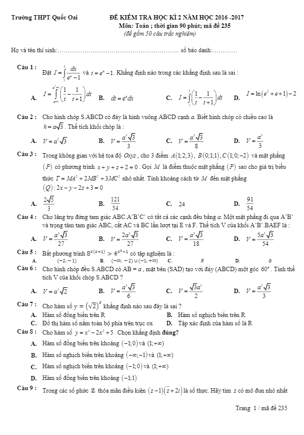Đề thi học kì 2 (HK2) lớp 12 môn Toán năm học 2016 2017 trường THPT Quốc Oai Hà Nội