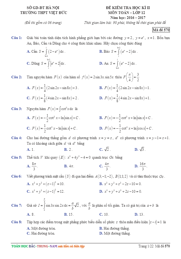 Đề thi học kì 2 (HK2) lớp 12 môn Toán năm học 2016 2017 trường THPT Việt Đức Hà Nội