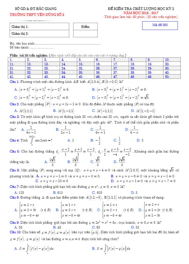 Đề thi học kì 2 (HK2) lớp 12 môn Toán năm học 2016 2017 trường THPT Yên Dũng 3 Bắc Giang
