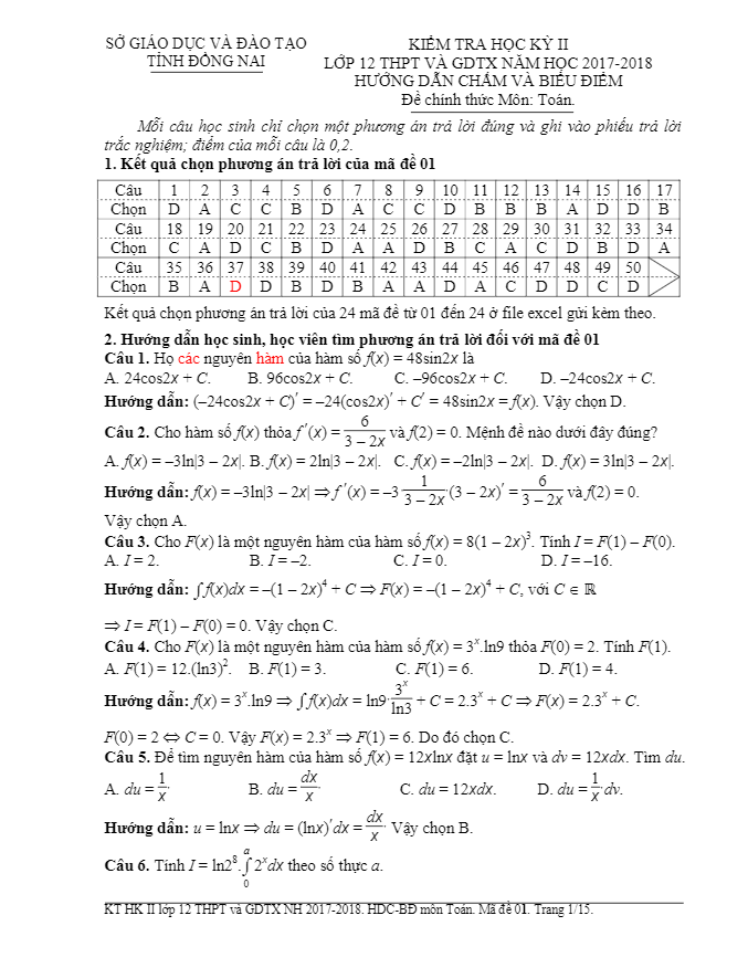 Đề thi học kì 2 (HK2) lớp 12 môn Toán năm học 2017 2018 sở GD và ĐT Đồng Nai