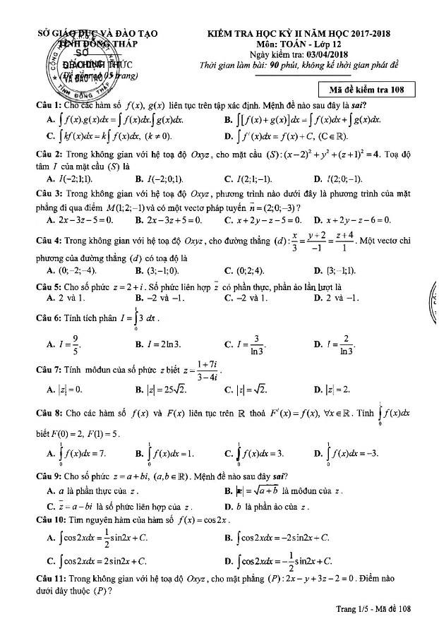 Đề thi học kì 2 (HK2) lớp 12 môn Toán năm học 2017 2018 sở GD và ĐT Đồng Tháp