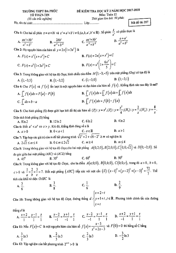 Đề thi học kì 2 (HK2) lớp 12 môn Toán năm học 2017 2018 trường THPT Đa Phúc Hà Nội