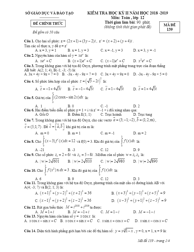 Đề thi học kì 2 (HK2) lớp 12 môn Toán năm học 2018 2019 sở GD ĐT Bình Dương