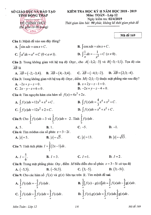 Đề thi học kì 2 (HK2) lớp 12 môn Toán năm học 2018 2019 sở GD ĐT Đồng Tháp
