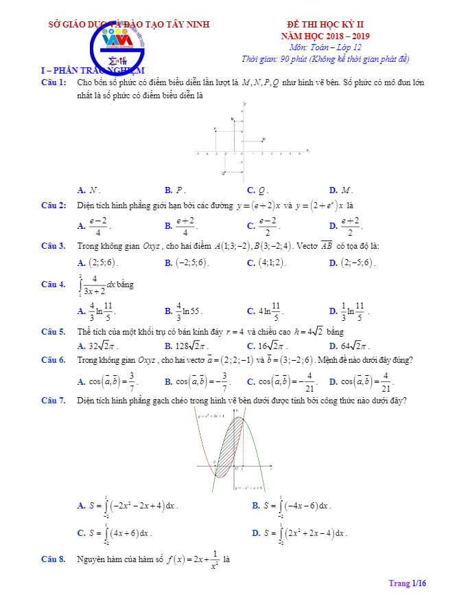 Đề thi học kì 2 (HK2) lớp 12 môn Toán năm học 2018 2019 sở GD ĐT Tây Ninh
