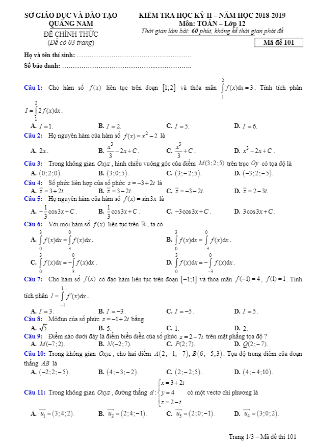 Đề thi học kì 2 (HK2) lớp 12 môn Toán năm học 2018 2019 sở GD và ĐT Quảng Nam